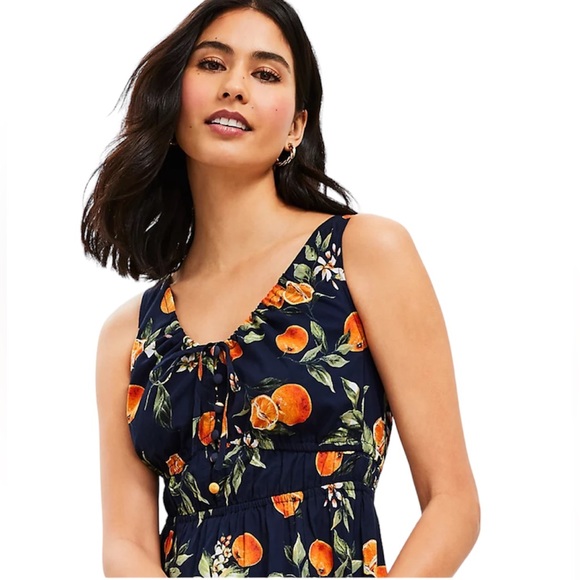 Loft Orange Harvest Button Tie Neck Midi Dress Size 12 Petite Deep Space Blue - Picture 4 of 16